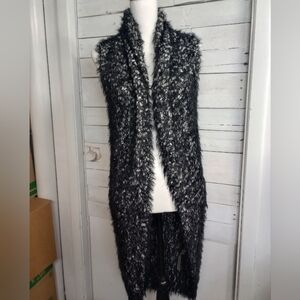 Chico’s Women’s Size 1 (M 8/10) Black White Textured Fuzzy Knit Long Open Front